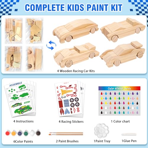 Shyling 4 DIY Wooden Race Car Toy, Arts & Crafts Painting Kit for Kids - style: Model A