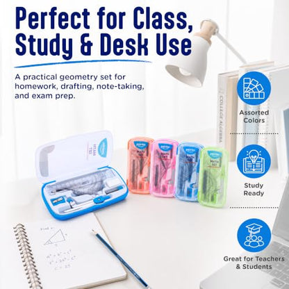 Pointer Math Set 11-Pieces Geometry Kit – Includes Compass, Ruler, Protractor & More – 1 Random Pastel Color from 4 Options – Back-to-School Geometry Kit for Students
