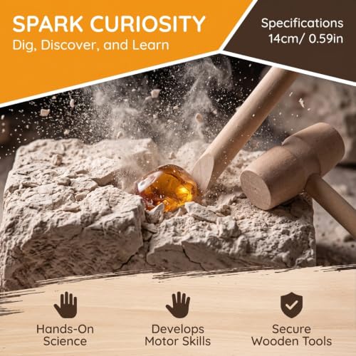 Vaguelly Dinosaur Digging Kit Wooden Hammer Chisel Brush Set for Kids Stem Science Educational Excavation Toy for Pretend Play Digging Tools Toys - size: 14.00X4.00X2.00CM