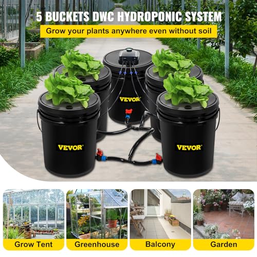VEVOR 5 Buckets DWC Hydroponic System, 5 Gallon, Deep Culture, Plants Grow Kit with Pump, Air Stone and Water Level Device, for Indoor/Outdoor Leafy Vegetables, Black - style: 5 Buckets