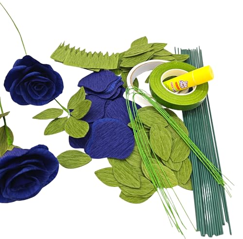 Navy Blue Crepe Paper Rose Flower DIY Making Kit 18 pcs for Wedding Bridal Bouquet Centerpieces Party - color: Navy Blue
