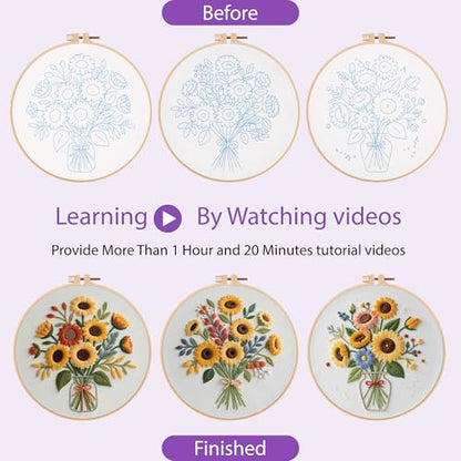 Uniartfy 3 Sets Sunflower Embroidery Kits for Beginners, Needlepoint Kits for Adults, Cross Stitch Kit with Cloth, Hoop, Threads and Instruction, Easy to Learn Embroidery Starter Kit for Craft Lover - color: Embroidery Kit-K