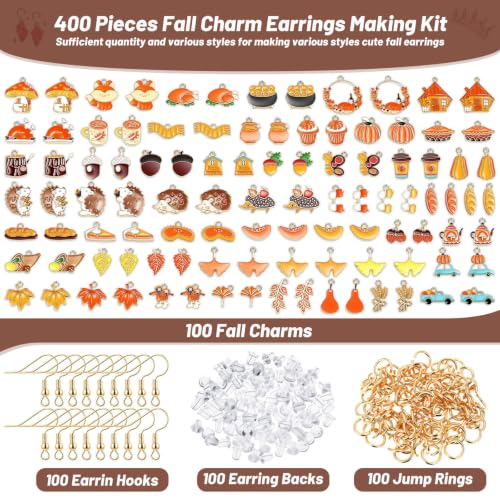 Flasoo 400 Pcs Fall Charms Earrings Making Kit, Including Charms, Earring Hooks, Earring Backs, Jump Rings for Fall and Thanksgiving Jewelry Making