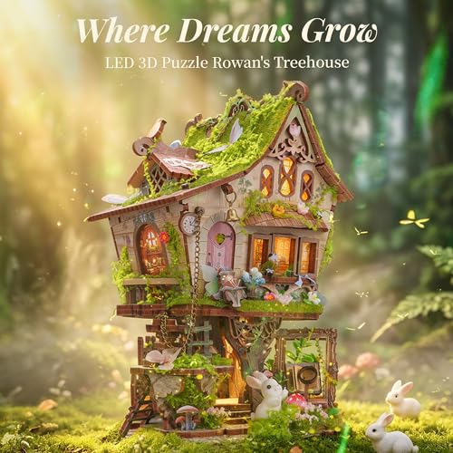 FUNPOLA Rowan’s Treehouse LED 3D Wooden Puzzle Kit, DIY Miniature Fairy Treehouse with Light, Wooden Craft Bookshelf Décor Gift for Adults