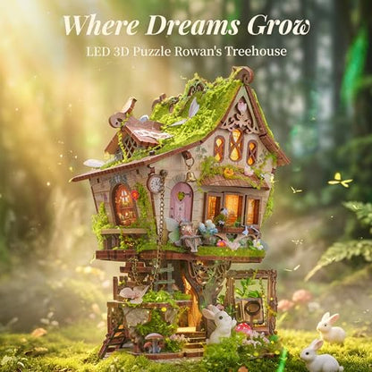 FUNPOLA Rowan’s Treehouse LED 3D Wooden Puzzle Kit, DIY Miniature Fairy Treehouse with Light, Wooden Craft Bookshelf Décor Gift for Adults