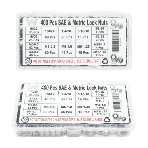 400 Pcs SAE & Metric Lock Nuts Kit, M3-M12 & #6-1/2 Hardware Nuts - size: SAE & Metric 400 Kit (#6 To 1/2, M3 to M12)