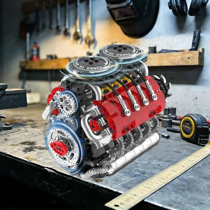 V8 Engine Model Kit That Runs - Twin-Turbo Engine Motor Building Block Sets, Motorized With Moving Pistons, Crankshaft & Rotating Fan, Best Stem Build Toy Gifts for Adults Kids Age 8+, 548 Pcs