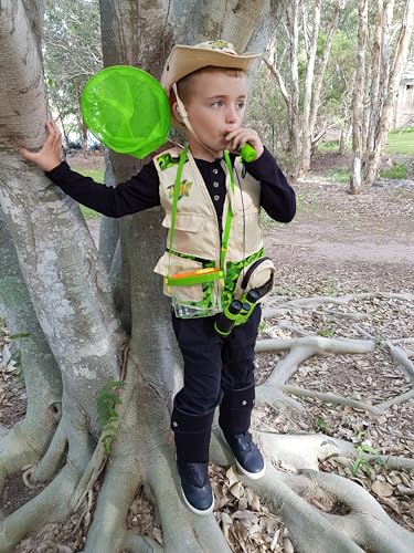 Safari Kidz Outdoor Adventure Sets - Green and Pink, Exploration Costume with Vest, Hat, Binoculars, Bug Net and Container, Whistle, Flashlight, Magnifying Glass, Bundle (14 items)