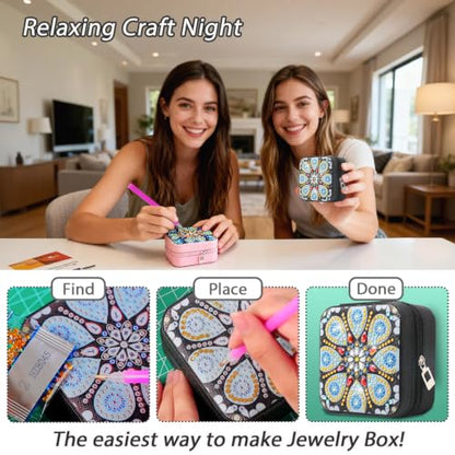 2 PC Diamond Art Jewelry Boxes for Adults Craft Kits Women Bedazzling Kit - color: Mandala Square