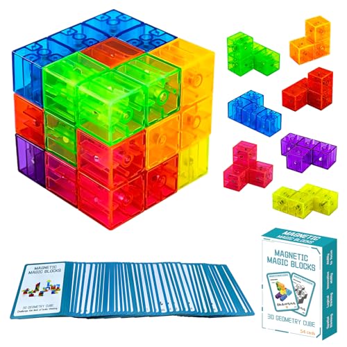 Magnetic Building Blocks Magic Magnetic 3D Puzzle Cubes, Set of 7 Multi Shapes Magnetics Blocks with 54 Guide Cards, Children's Educational Toys and Stress Relief Fidget Toys for Kids Adults - style: style1