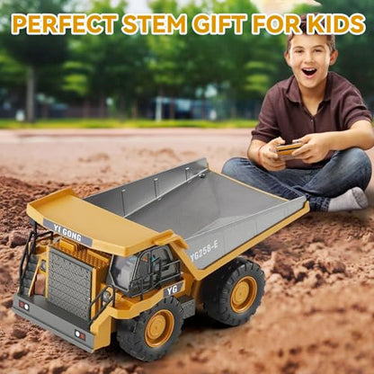 KIZJORYA Remote Control Dump Truck, RC Construction Vehicle for Kids with 9 Channel Metal Bed Light Sound & Rechargeable Battery, Electric Transport Garbage Truck Toy for Toddlers Boys Girls Age 6+ - style: Dump Truck