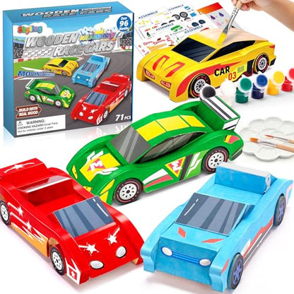 Shyling 4 DIY Wooden Race Car Toy, Arts & Crafts Painting Kit for Kids - style: Model A