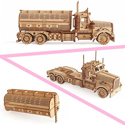 3D Wooden Tank Truck Puzzle, Wood Crafts DIY Assembly Mechanical Truck Model Kits, Wooden STEM Brain Teaser Puzzles, Christmas Birthday Gifts for Adults & Teens - color: Tank Truck