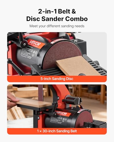 VEVOR 5" Disc Sander & 1" x 30" Belt Sander, 250W Benchtop Belt Disc Sanders Combo with 0-45° Adjustable Worktable & Dust Collection Ports for Woodworking, Furniture Refinishing, DIY Crafting - size: 5" Disc & 1" x 30" Belt Sander Combo