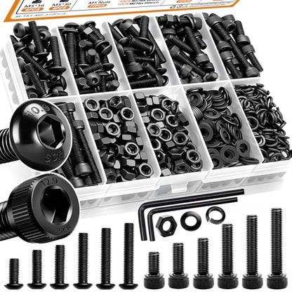 mankk 310PCS M5 Screw Kit M5x8-30mm Hex Socket Button & Cap Head Screws Bolts Nuts and Washers Kit 12.9 & 10.9 Grade Black Alloy Steel Machine Screw - size: M5, style: Button&Hex Socket Cap