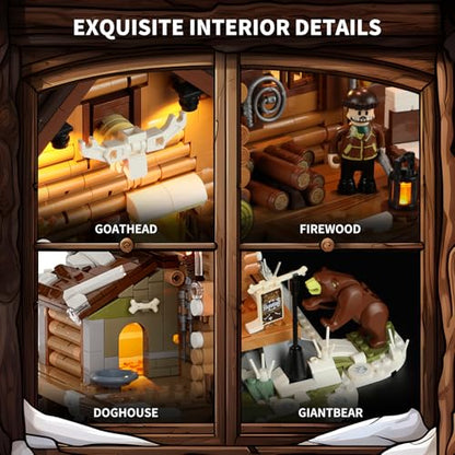 FUNWHOLE Hunting-Cabin Lighting Building-Bricks Set - Retro Wooden Cabin LED Light Construction Building Model Set 2036 Pcs for Adults and Teen