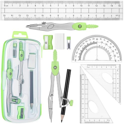 Zonon 10 Pcs Math Geometry Set for Student Compass Protractor, Green - color: Green