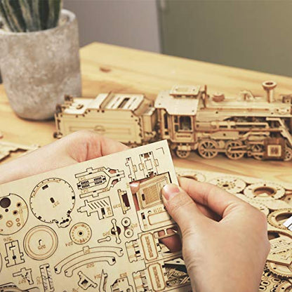ROKR Model Car Kits Wooden 3D Puzzles Model Building Kits for Adults to Build-Educational Brain Teaser Assembly Model, Desk Decor/DIY Hobbies/Gifts (Prime Steam Express/12.1 * 2.7 * 3.3) - style: MC - Prime Steam Express