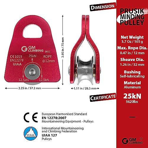 GM CLIMBING Micro Prusik Minding Pulley 25kN CE UIAA Certified 12mm Single Pulley Mobile Side Plates for Arborist Rigging Climbing Rescue - color: Pack of 2 | Red