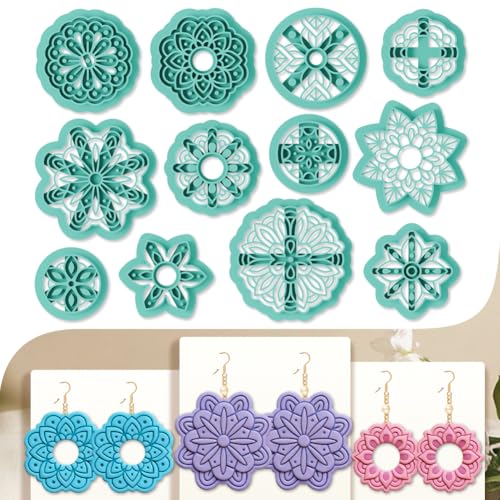 12pcs Polymer Clay Cutter Jewelry Making Kit Circular Intricate Blossom Design Clay Cutters with Geometric Shapes PLA Plastic Craft Tools for DIY Earrings - color: Mandala Flower