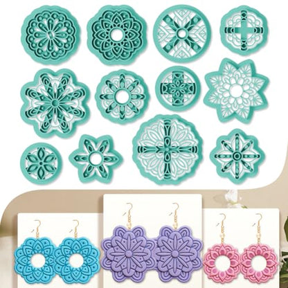 12pcs Polymer Clay Cutter Jewelry Making Kit Circular Intricate Blossom Design Clay Cutters with Geometric Shapes PLA Plastic Craft Tools for DIY Earrings - color: Mandala Flower
