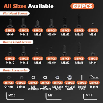 633PCS RC Screw Kit, 10.9 Carbon Steel Hex Bolts for Traxxas Axial - color: 633pcs Black
