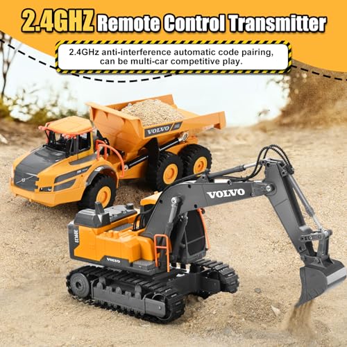 Double E Volvo Licensed Remote Control Excavator Toy, 2.4GHz All‑Terrain Sand-Ready Construction Vehicle with 360° Spin & 330° Cab Rotation, Rechargeable, Dig & Unload, STEM Birthday Gift for Kids 3+