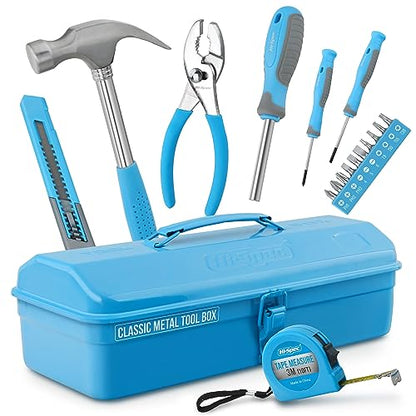 Hi-Spec Beginner Tool Kit with Metal Box for DIY Starters and Kids, Blue