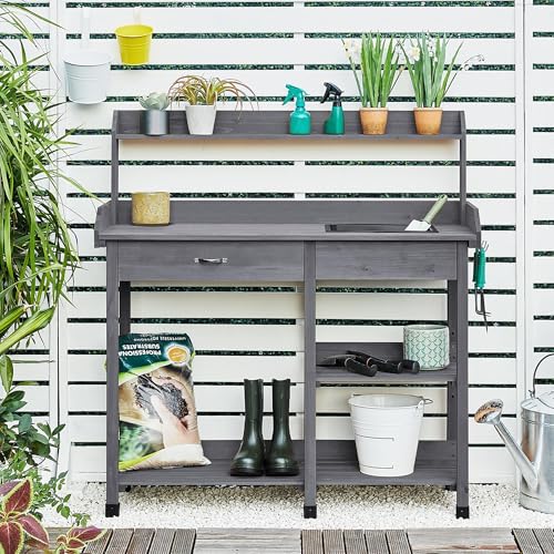 Yaheetech Potting Bench with Sink & Drawer, Outdoor Gardening Table, Gray - color: Gray
