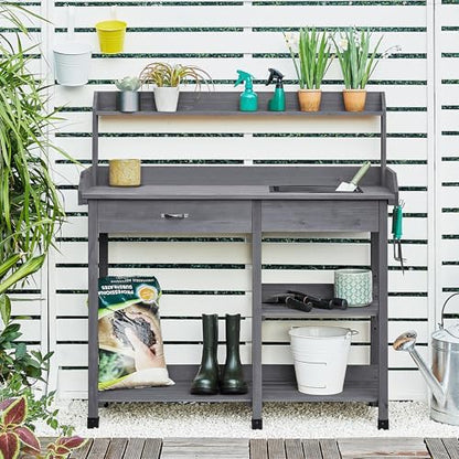 Yaheetech Potting Bench with Sink & Drawer, Outdoor Gardening Table, Gray - color: Gray