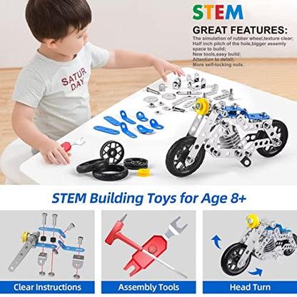 Ferthor Fun Creative Set Motorcycle,Stem Building Projects Toys for Kids 8 9 10 11 12+ Year Old,Metal Building Construction Model kit, 5 in 1 Motobike Building Blocks Steam Educational Toys(139PCS) - size: Motorcycle series 139PCS