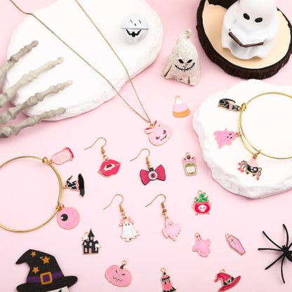 SANNIX 110Pcs 55 Pairs Pink Halloween Charms Bulk Cute Enamel Jewelry Charm - style: Pink Halloween Charms