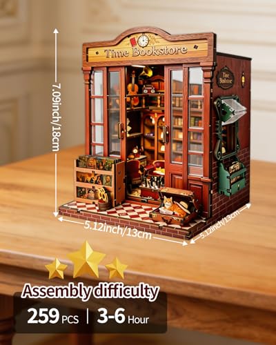 DIY Book Nook Kit Miniature House with Warm Light, Time Bookstore 3D Wooden Puzzles, Mini Bookstore Dollhouse Craft Kit for Adults&Teens, Bookshelf Insert Decor,Creative Gift for Shelf,Desk&Home Décor