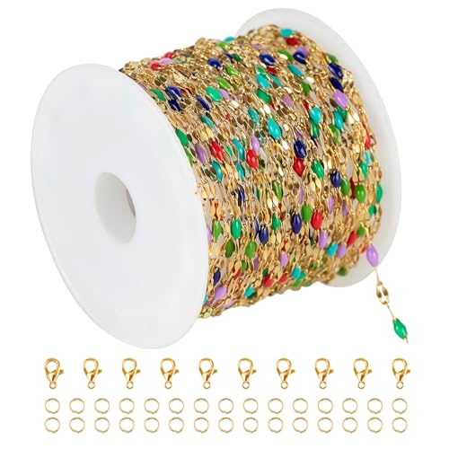 UMAOKANG 16.4 Feet Multicolored Enamel Lip Chain for Jewelry Making - color: Gold-Multicolored 3(blue red)