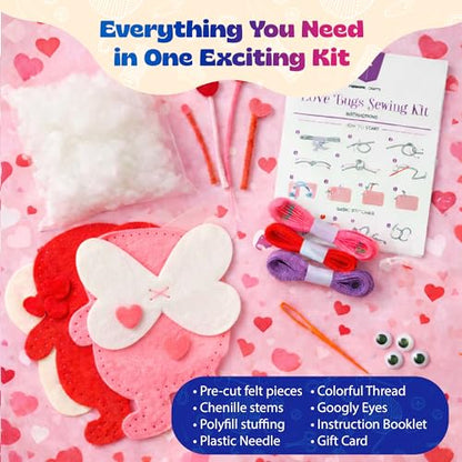 Valentine Gift for Kids, Love Bugs Kids Sewing Kit - Make & Gift Felt Plush Craft, Sew 2 Stuffed Love Bugs (Red & Pink), Precut Felt, Needle, Thread, Polyfill, Googly Eyes, Gift Cards, Ages 5+ - color: Love Bugs