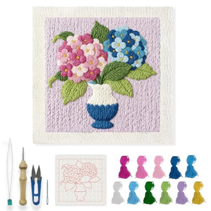 INFUNLY Hydrangea Punch Needle Kits for Beginner Adult Flower DIY Punch Needle Embroidery Starter Kits for Wall Hanging Vase Plant Needles Stitching Kit with Instruction for DIY Crafts Gift Home Decor - style: Hydrangea