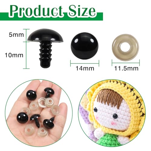 TOAOB 150pcs 14mm Black Plastic Safety Eyes Crafts Crochet Eyes with 150pcs Washers for Stuffed Animals Amigurumis Doll Making - size: 14mm