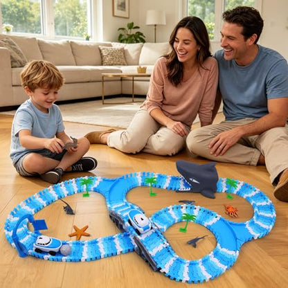 Ocean Theme Flexible Race Car Tracks for Kids, Birthday Gift for Boys Age 3 4 5 6 7 Years Old, 240+ PCS Buildable Car Track Playset with Shark Tunnel and Sea Creature Accessories - color: Ocean Race Car Tracks