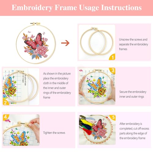 Zhenqing 4 Butterfly Floral Cross Stitch Kit, 11CT Printed Fabric with Hoop - color: 4 Butterfly Kit