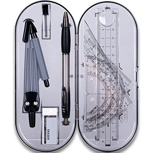 Math Geometry Kit Set 8 Pieces Student Supplies with Shatterproof Storage Box & Reusable Pouch,Includes Rulers,Protractor,Compass,Pencil,Eraser.for Students and Engineering Drawings