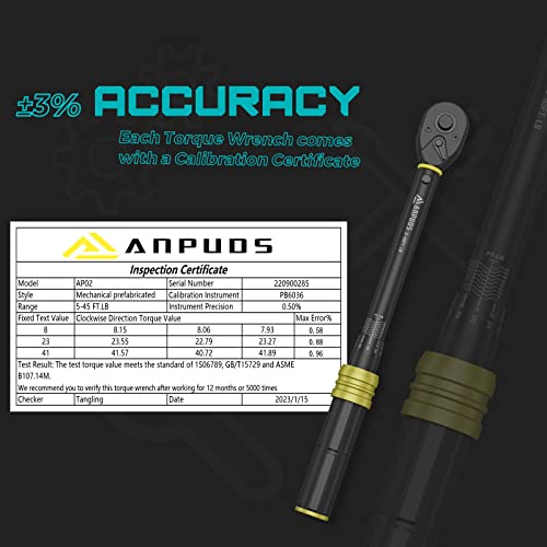 ANPUDS 3/8" Click Torque Wrench, 5-45 Ft-Lb/6.8-61 Nm, Lightweight Aluminum - size: 5-45 ft-lb / 6.8-61 Nm
