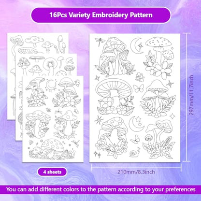 ORIGACH 4 Sheets Large Water Soluble Embroidery Patterns Stabilizers - Pre-Printed Mushroom, Moon, Star & Flower Hand Sewing Stabilizers- Stick & Stitch Embroidery Patterns for Hand Sewing Beginner - color: Mushroom Moon Star & Flower