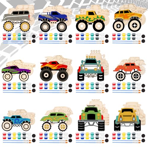JellyArch 24 Pcs Monster Truck Party Favors Unfinished Wooden Truck Painting Set with Paints Magnets Car Party Favors DIY Wood Vehicles Ornaments for Car Celebration - style: Monster Truck