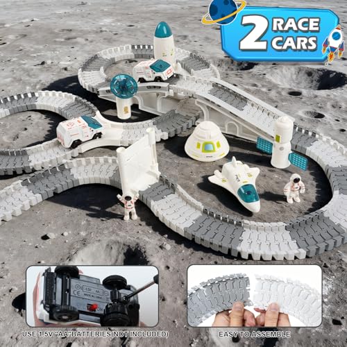 GIAT Race Car Tracks Set - Birthday Gift for 3 4 5 6 7 Year Old Boys, 290+ PCS Flexible Train Track Kit for Kids, Interactive Toy with Cars and Rocket - color: White Space Race Track Set