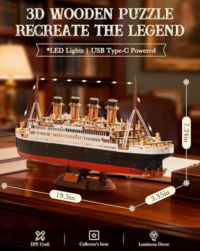 Rolife 3D Wooden Puzzles for Adults-Titanic Model Kit with LED Lights- DIY Ship Building Kit for Home Desk Decor- Brain Teaser Gifts for Puzzle Lovers & Maritime Collectors