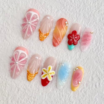 Luxury Press on Nails Medium Almond Handmade 3D Unique Reusable ABS Material Fake Nails Pink Grapefruit False Nails with Designs Shell Red Flower Art Petal Glossy Glue on Nails Thick Acrylic Nails(M) - color: N01, size: M