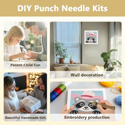 Doodlream Pink Hat Raccoon Needle Kit for Beginner, 9.4"x 9.4" Cute Animal Punch Stitching Craft Set, Color DIY Embroidery Starter with Printed Frame, Instruction, Threader, Yarn, Pinch Needle - color: Raccoon
