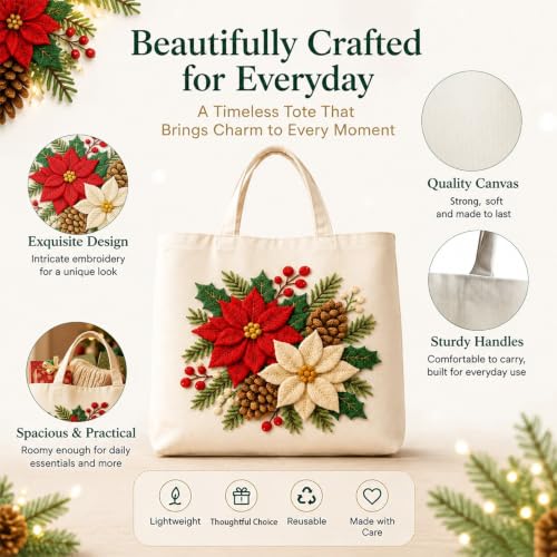 ARTopet Embroidery Tote Bag Kit for Beginners Christmas Canvas Cross Stitch Handbag with Hoops Needles Threads Reusable Grocery Bag for Women-Poinsettia - color: Poinsettia