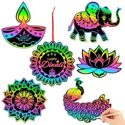 JULMELON 36 Pcs Diwali Crafts for Kids Rainbow Scratch Art Party Favors - style: Diwali