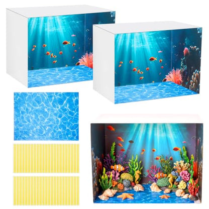 AmazingSpark 2 Set Ocean Diorama Box and Water Sticker Decor, Under the Sea Diorama Project Supplies Set, Cardboard Display Case Kit & Water Sticker with Double Sided Tapes for DIY Crafts Dollhouse - style: Ocean2,Cube